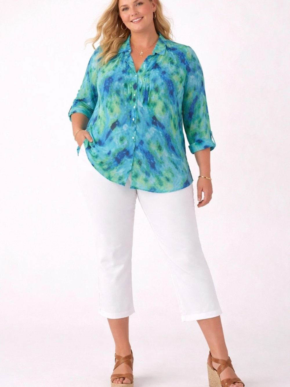 Chico's Size 3 Watercolor Tie Dye Artsy Button Up Chiffon Women Blouse / Casual